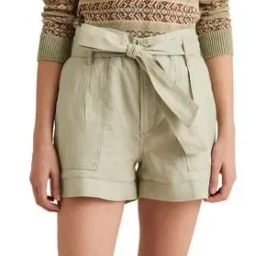 LAUREN RALPH LAUREN Belted Linen Blend Shorts Blue White Striped Size 8 …